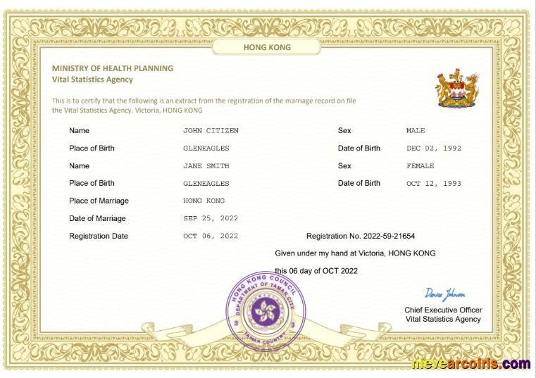 Hong Kong marriage certificate